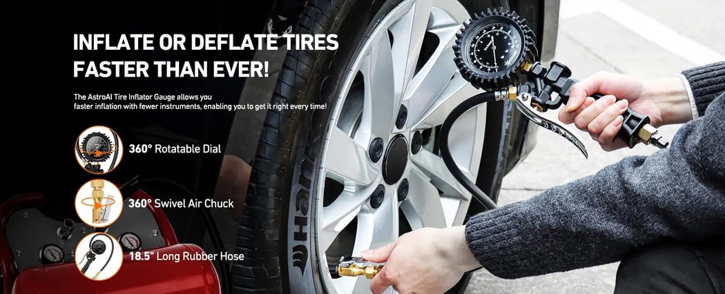 AstroAI Tire Pressure Gauge with Inflator, 230 PSI Heavy Duty with Air Chuck Compressor Accessories, 360° Rotatable Dial and Air Chuck